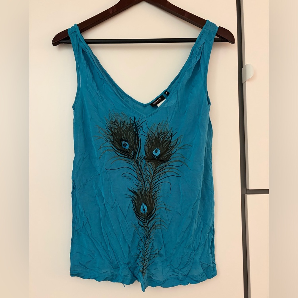 Miss Sixty Teal V-Neck Tank with Peacock Feather Print